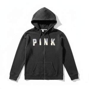 Pink Victorias Secret Oversized Logo Spellout Full Zip Hoodie Black XS Y2k Sport